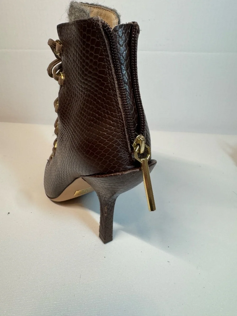 Louise et Cie Brown Reptile Lace Up Pointed Toe Wool Booties 6.5